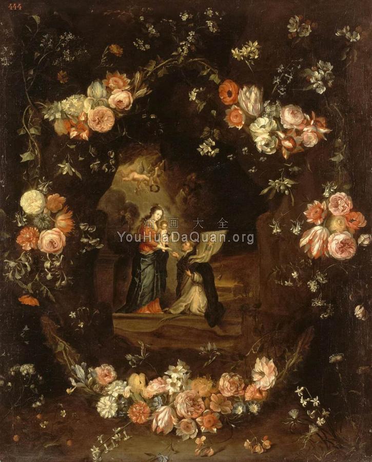Madonna with the Child and St Ildephonsus Framed with a Garland of Flowers - 简·凡·凯塞尔